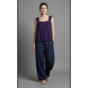 LOFT  Navy Blue/Pink Clip Ruffle Square Neck Ruffle Sleeve Festival Top Size L